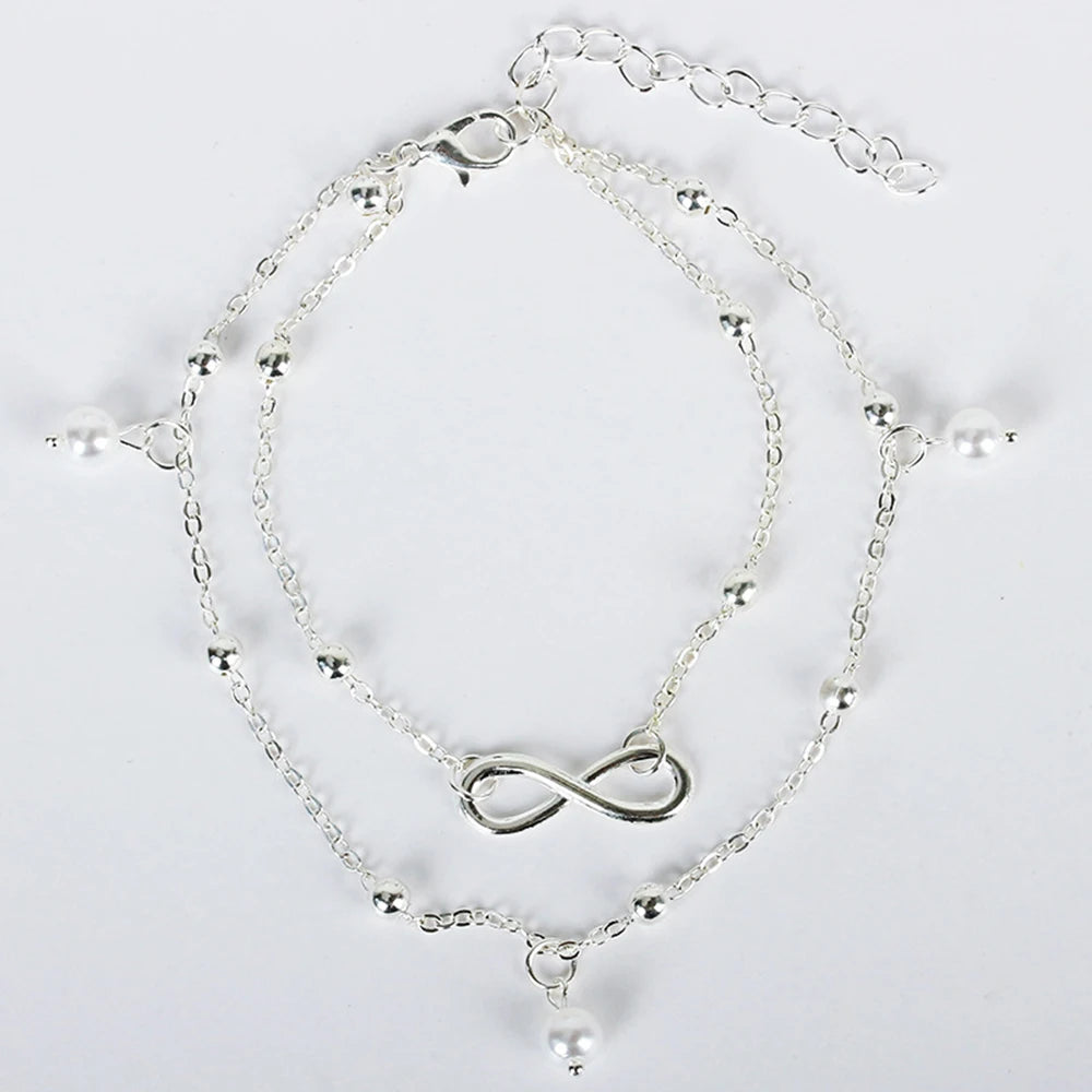 Pearl Heart Infinity Double Anklet Set