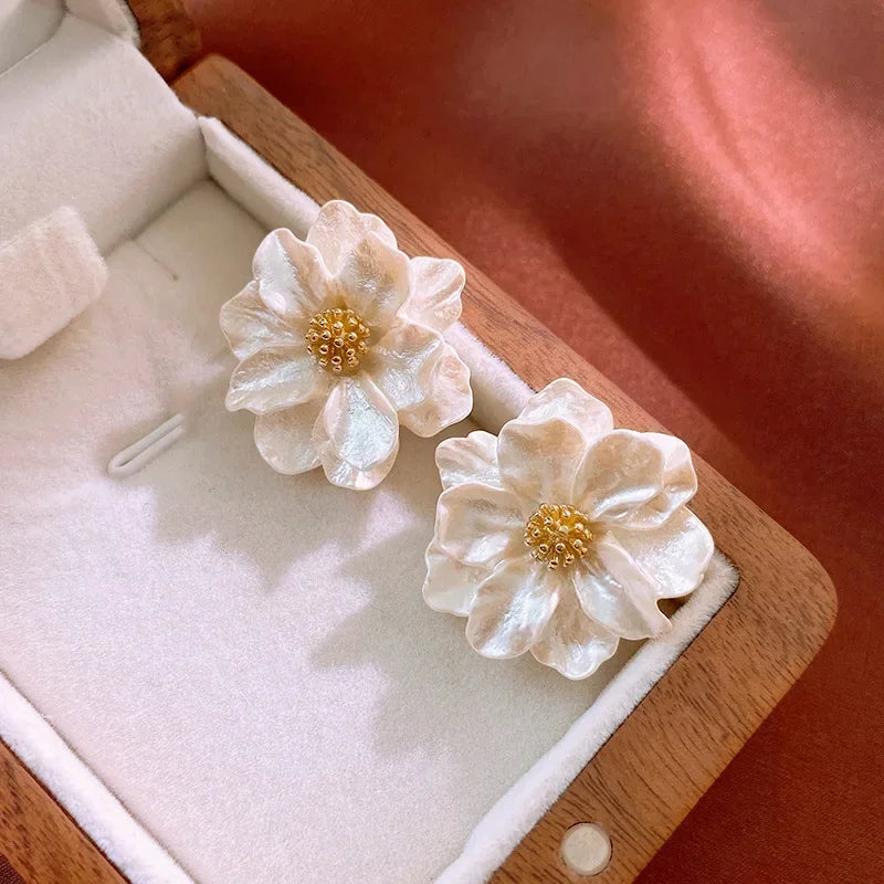 White Camellia Flower Stud Earrings