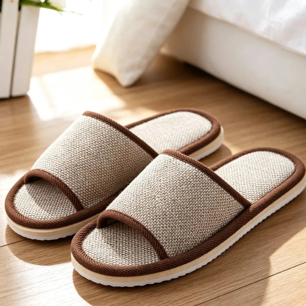 Linen Open-Toe House Slippers