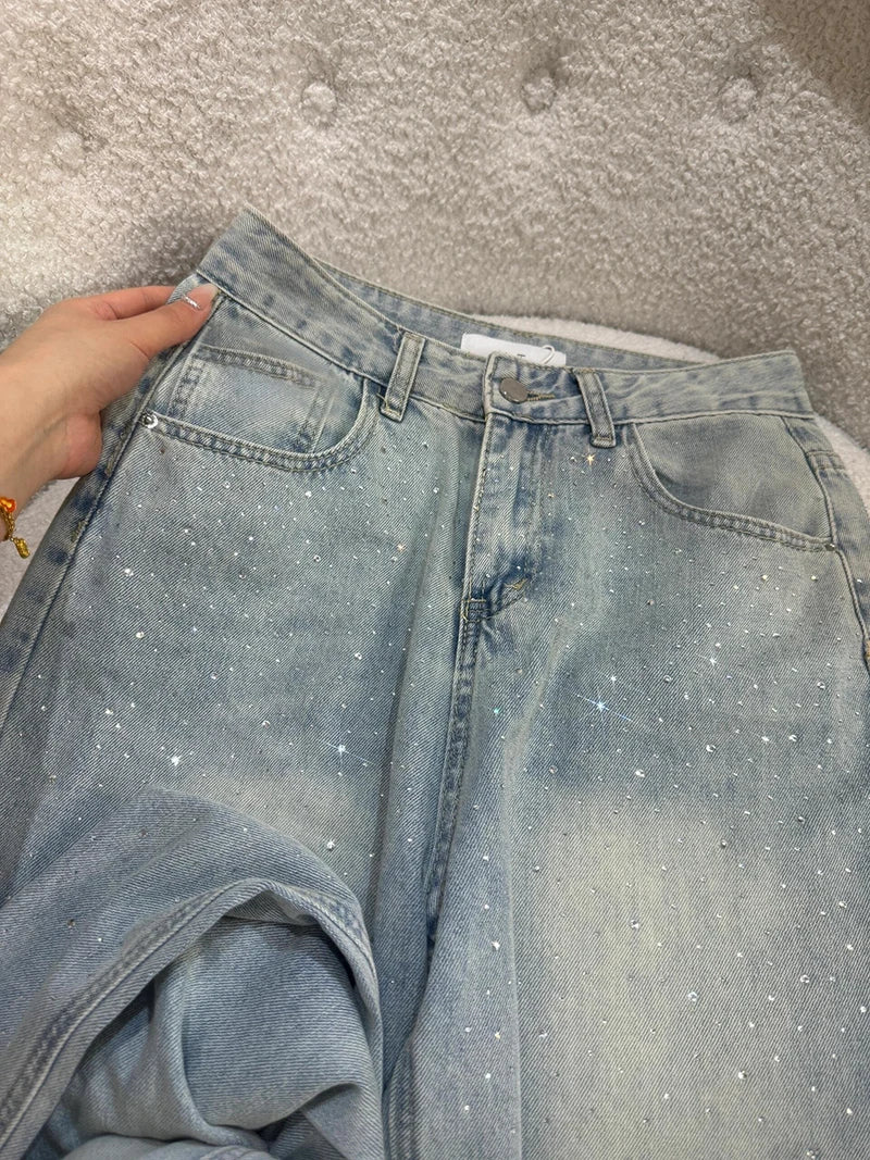 Light Blue Rhinestone Straight Jeans
