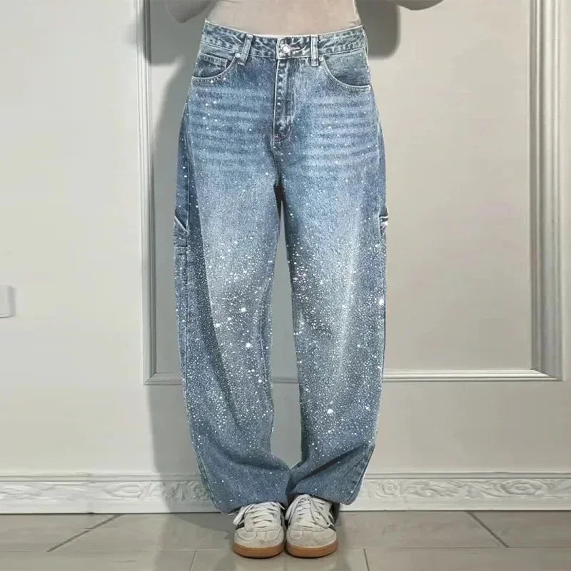 Rhinestone Low Waist Straight Jeans
