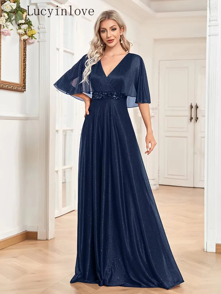 Shimmering Batwing Sleeve A-Line Gown