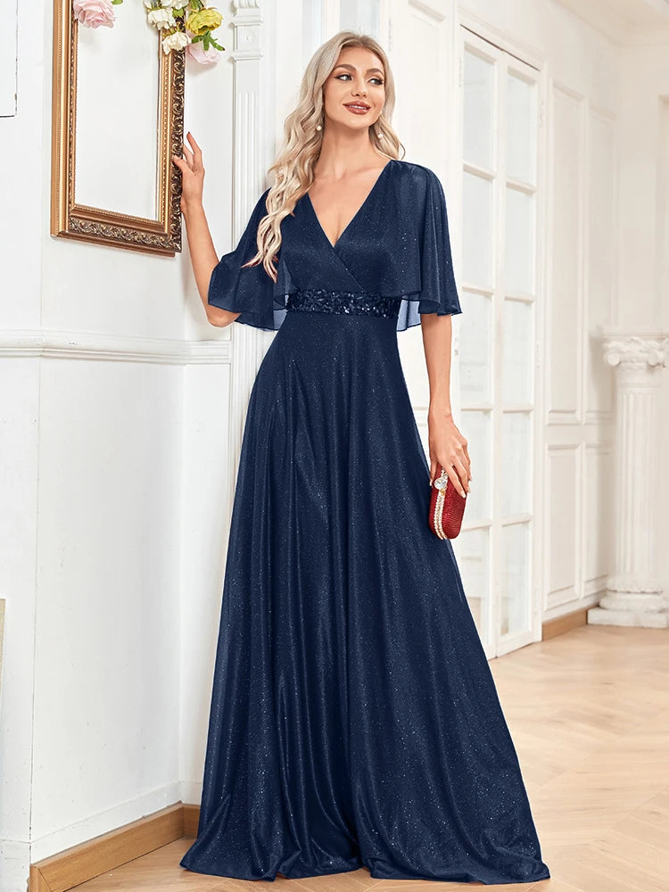 Shimmering Batwing Sleeve A-Line Gown