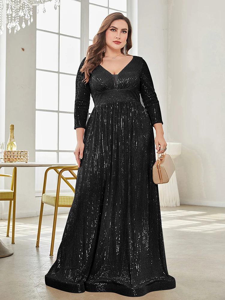 V-Neck Long Sleeve Sequin Maxi Gown (Plus Size)