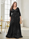 V-Neck Long Sleeve Sequin Maxi Gown (Plus Size)