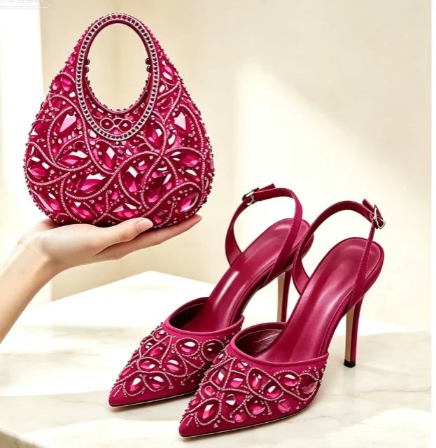 Burgundy Rhinestone Heels & Clutch Set