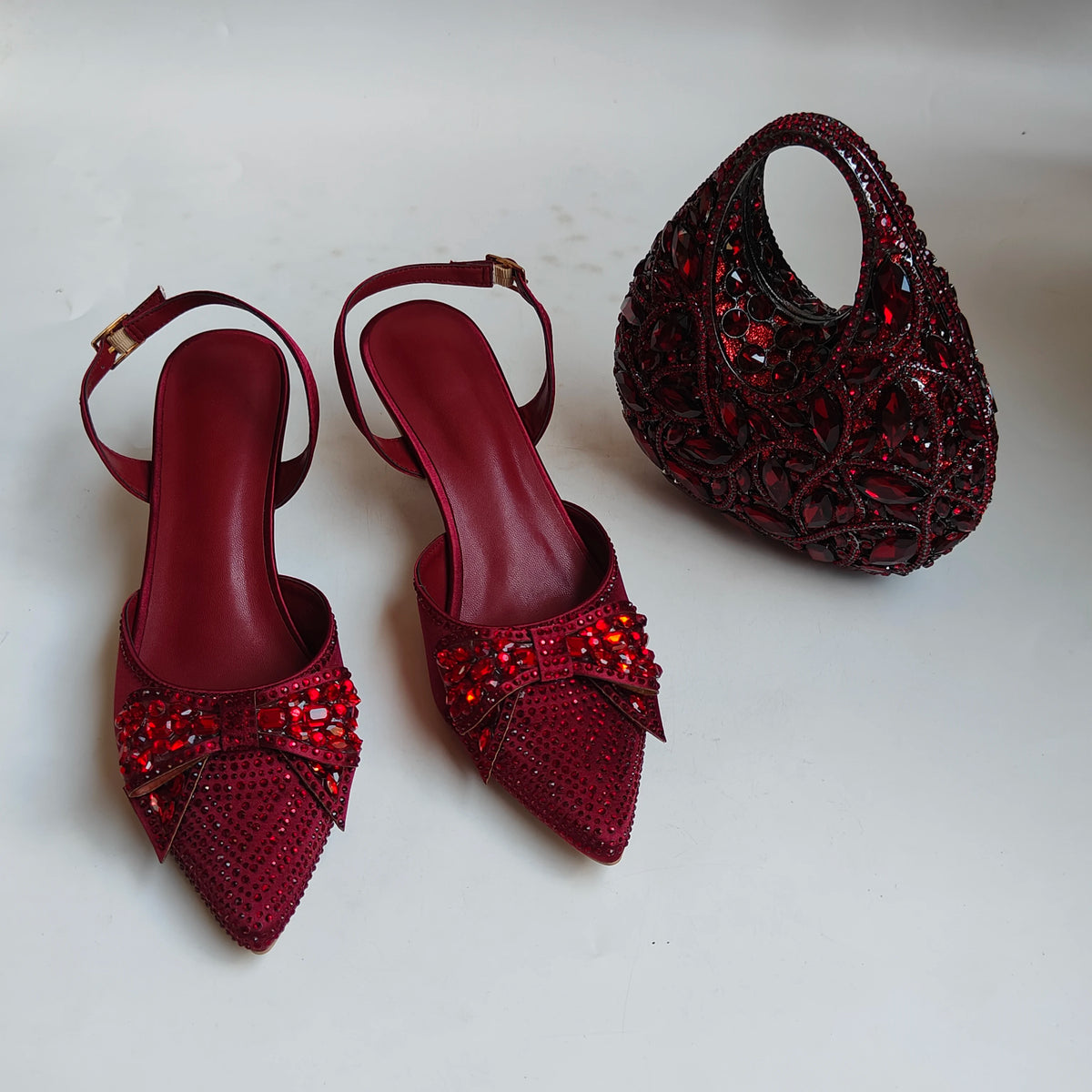 Burgundy Rhinestone Heels & Clutch Set