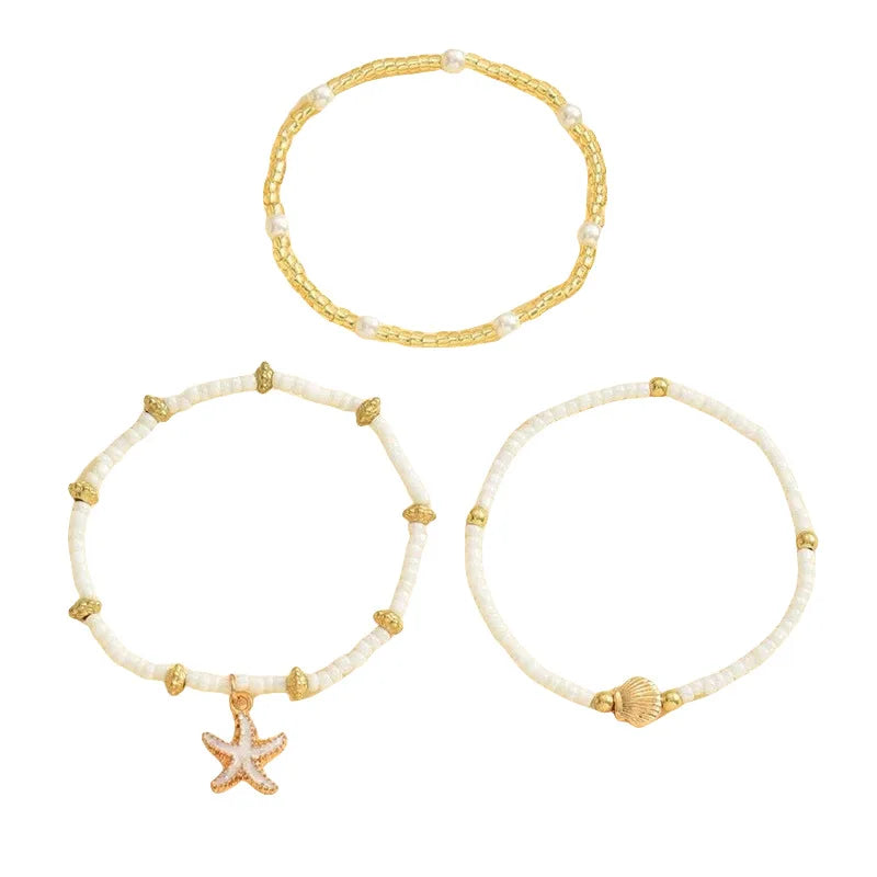 Boho Starfish & Shell Bead Anklet Set