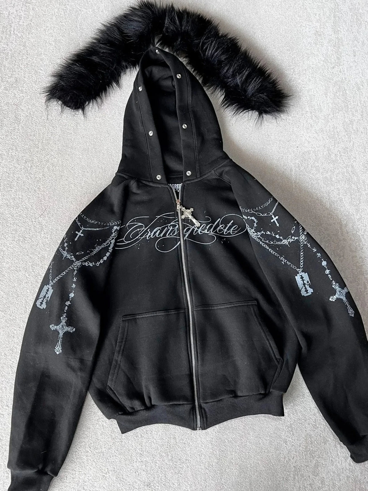 Gothic Print Zip-Up Hoodie