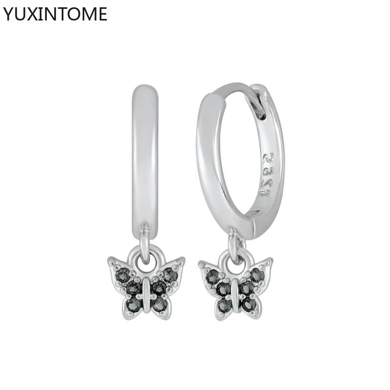 925 Silver Black Zircon Charm Hoops
