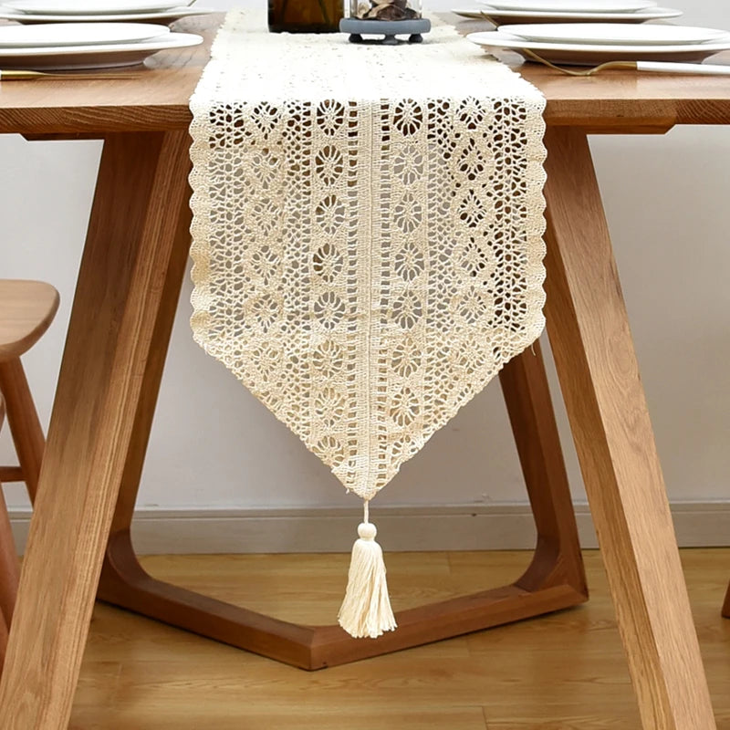 Beige Crochet Lace Table Runner