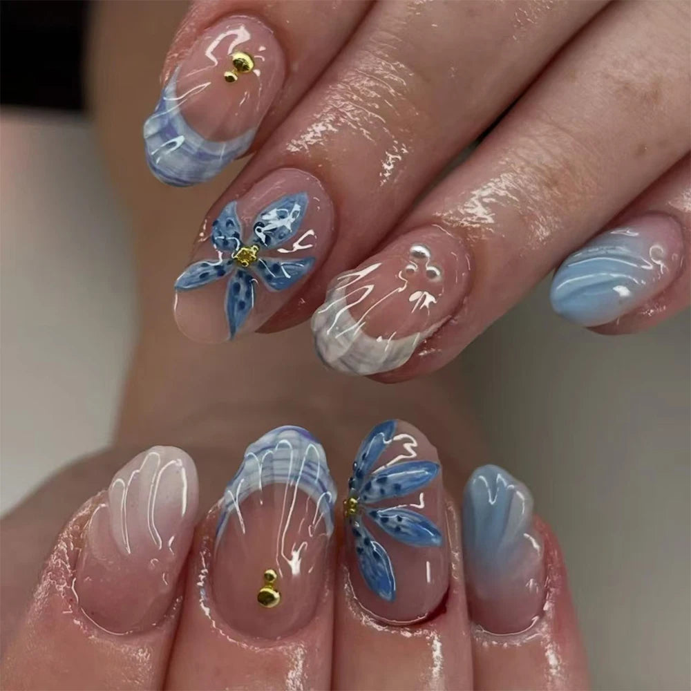 24-Piece 3D Pearl Flower Press-On Nails