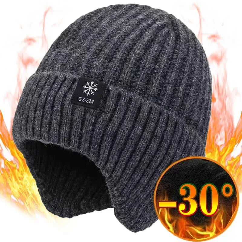 Men's Velvet-Lined Knit Hat with Ear Flaps