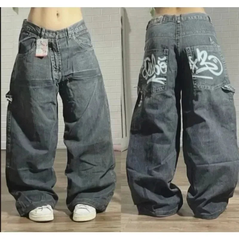 Letter Embroidered Wide-Leg Jeans