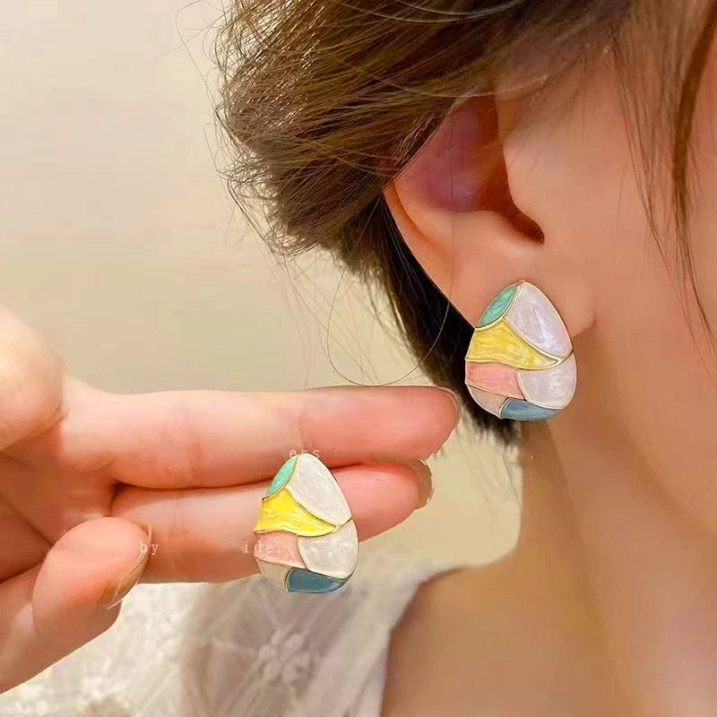 Colorful Enamel Grid Square Studs
