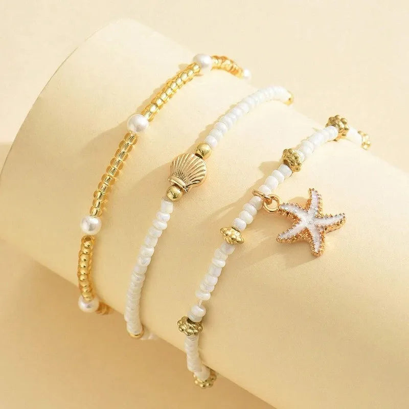 Boho Starfish & Shell Bead Anklet Set