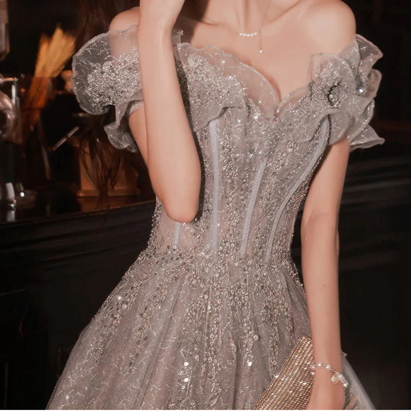 Silver Glitter Backless Sequin Gown