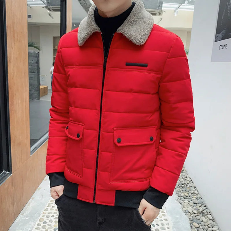 Men's Short Padded Jacket with Lamb Wool Collar