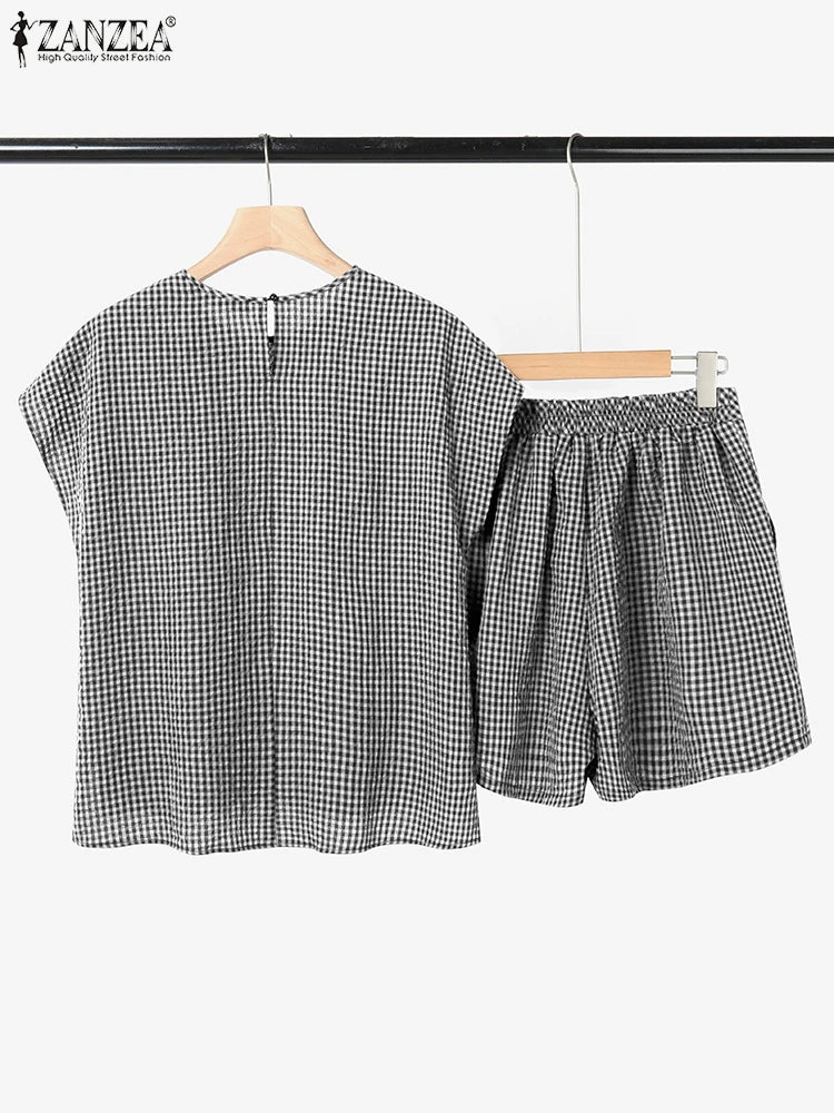 Plaid Blouse & Shorts Set