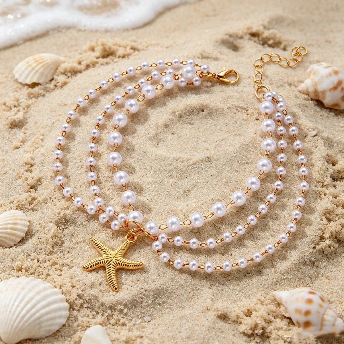 Starfish Pearl Tassel Anklet