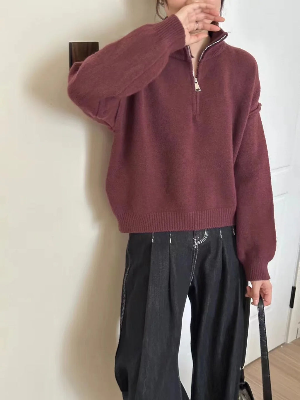 Stand Collar Zip Knit Sweater