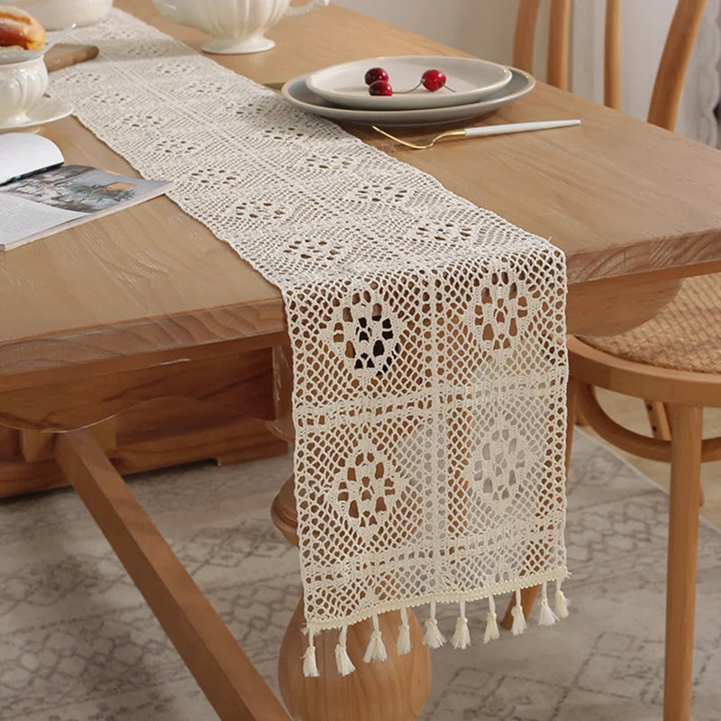 Beige Crochet Lace Table Runner