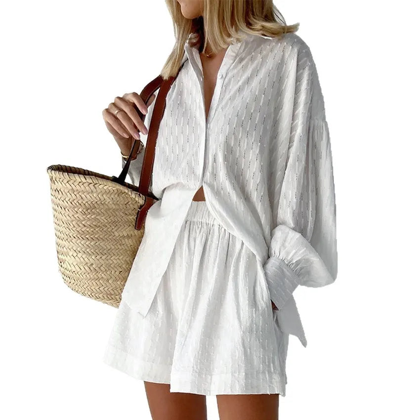 Jacquard Puff Sleeve Top & Shorts Set