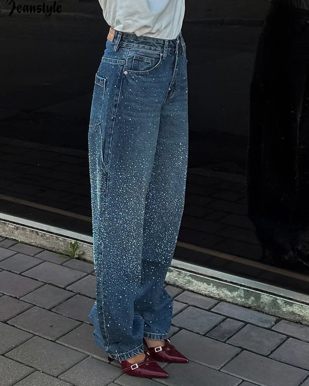 Rhinestone Low Waist Straight Jeans