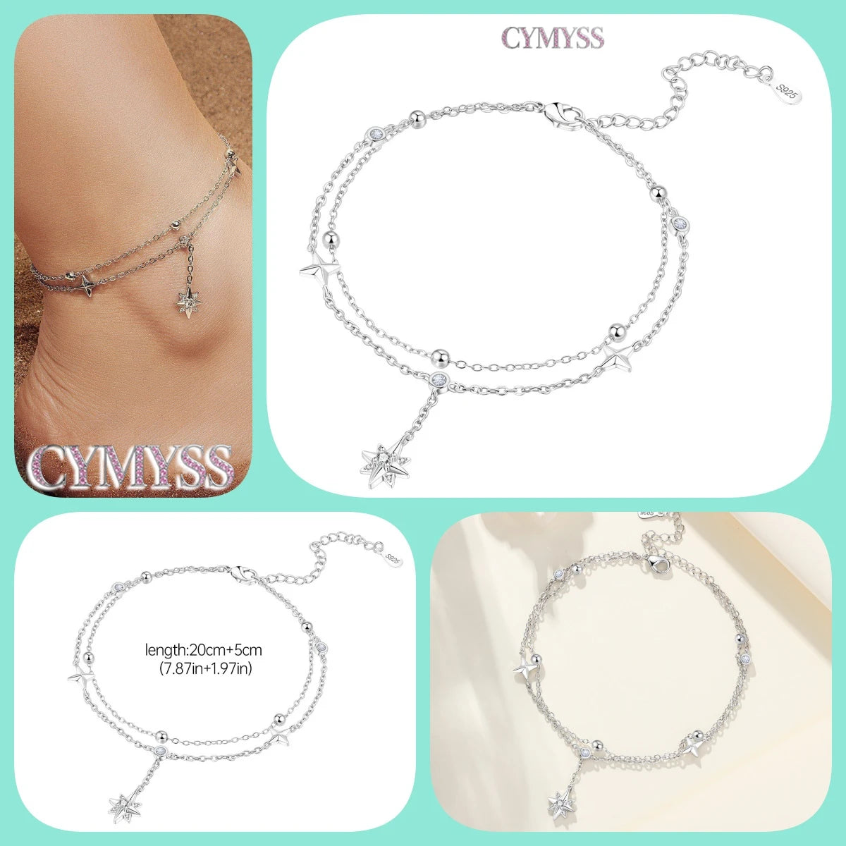 925 Silver 18K Gold CZ Layered Anklet