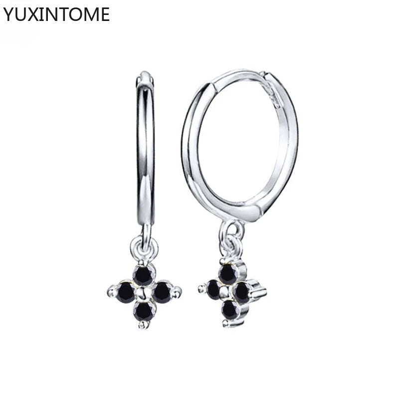 925 Silver Black Zircon Charm Hoops