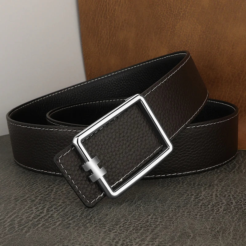 Men's Brown Leather Belt with Square Buckle