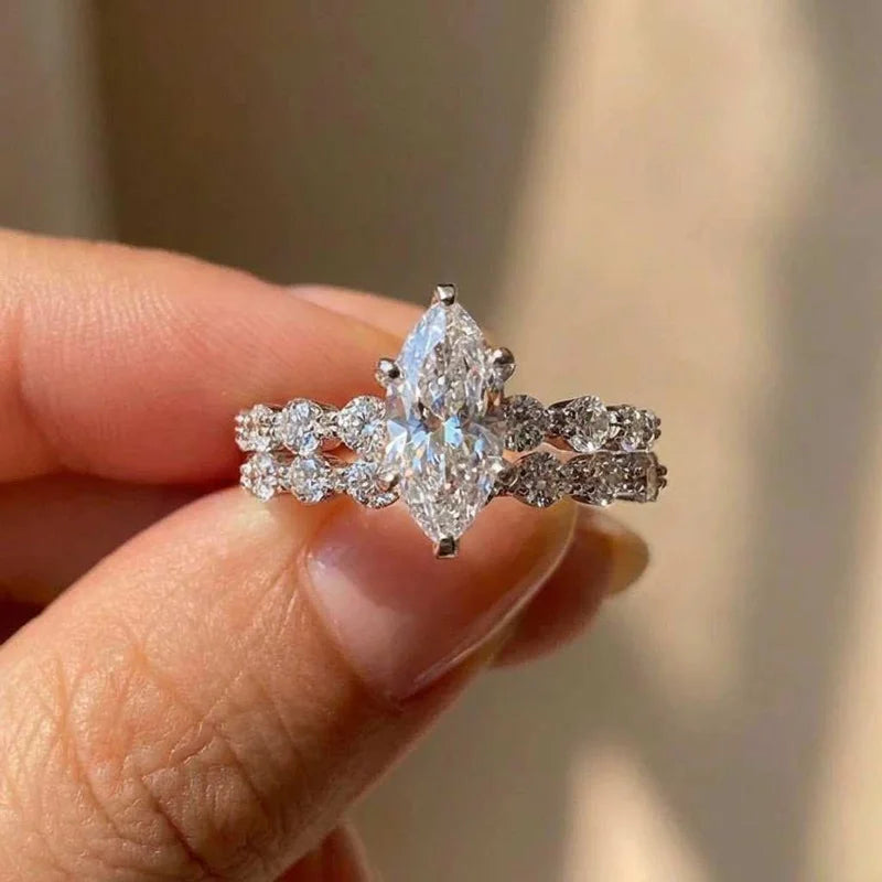 💎 925 Sterling Silver Marquise CZ Ring Set