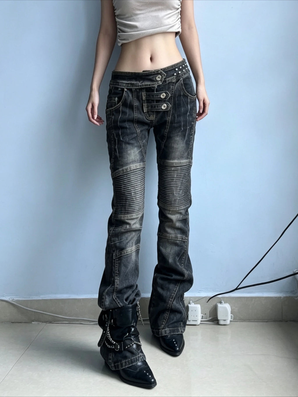 Pleated Button Distressed Slim Jeans