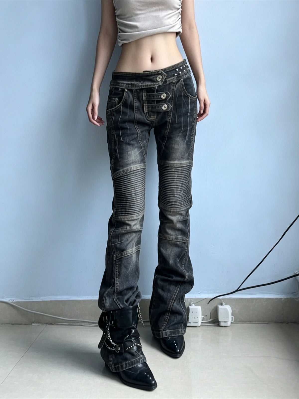 Pleated Button Distressed Slim Jeans