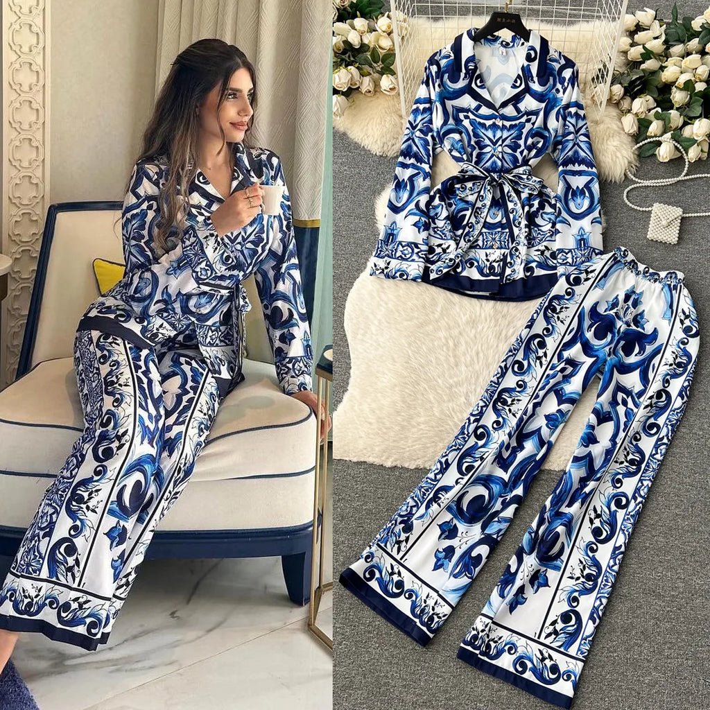 Vintage Print Shirt & Wide-Leg Pants Set
