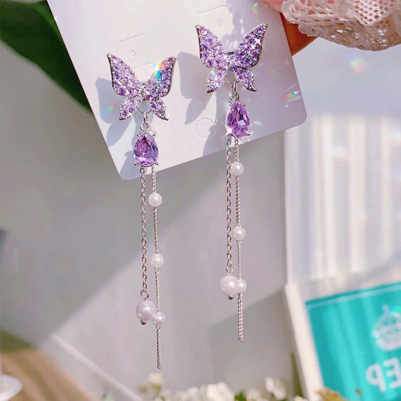 Purple Butterfly Pearl Tassel Earrings