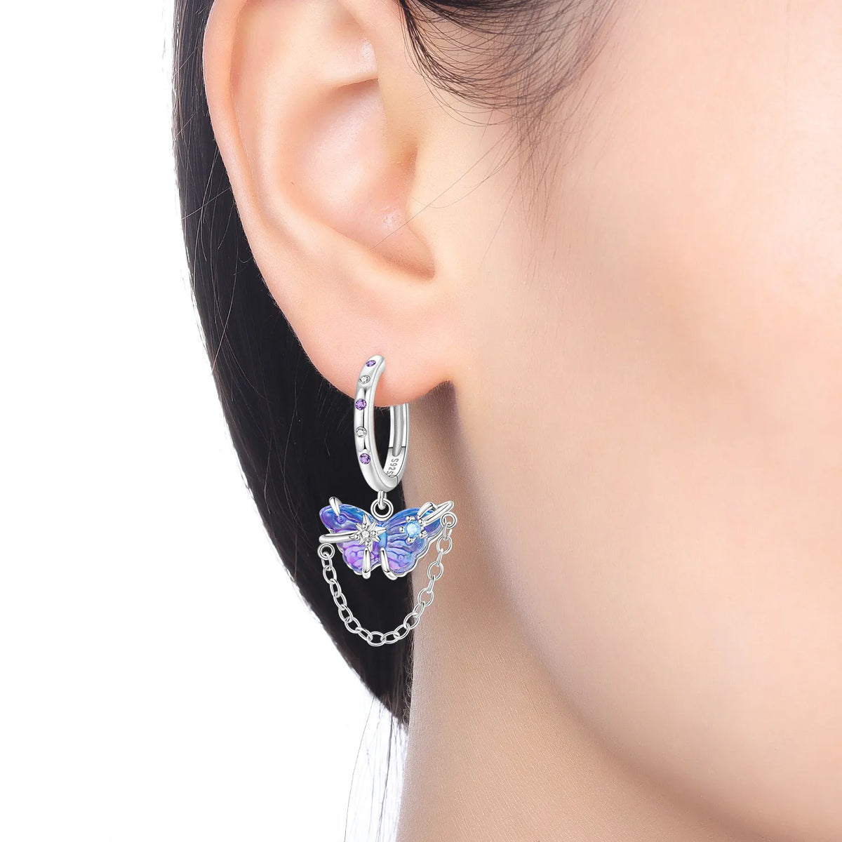 925 Silver Purple Butterfly Drop Earrings