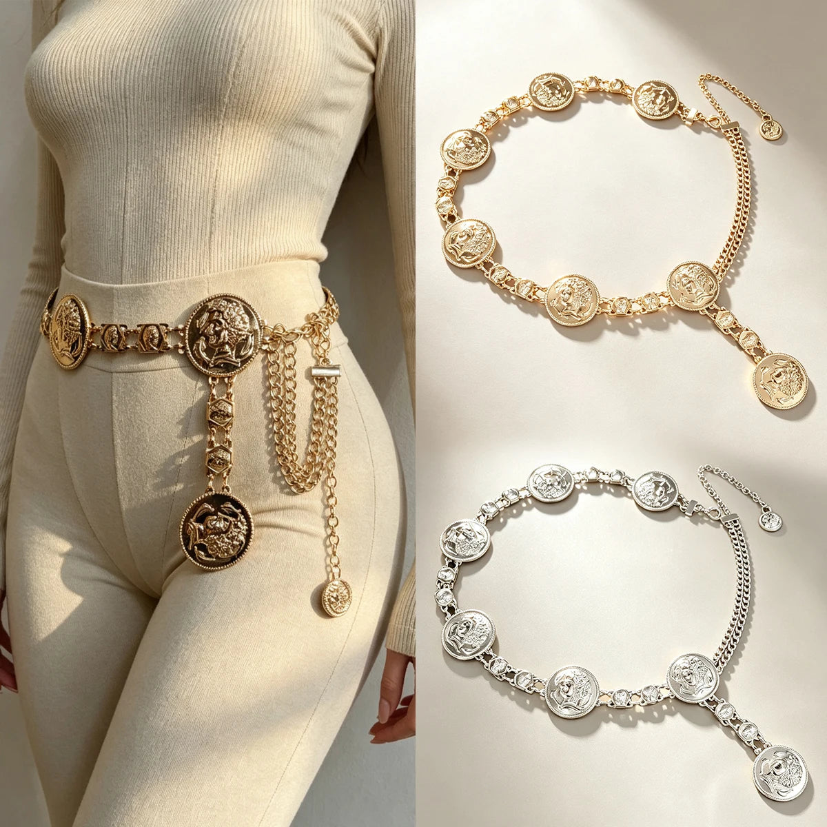 Gold Queen Head Waist Chain Belt