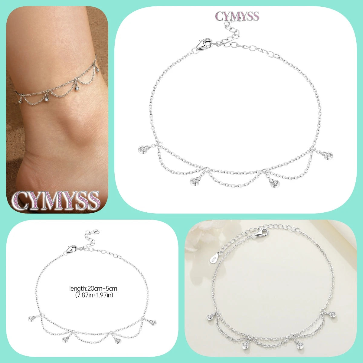 925 Silver 18K Gold CZ Layered Anklet