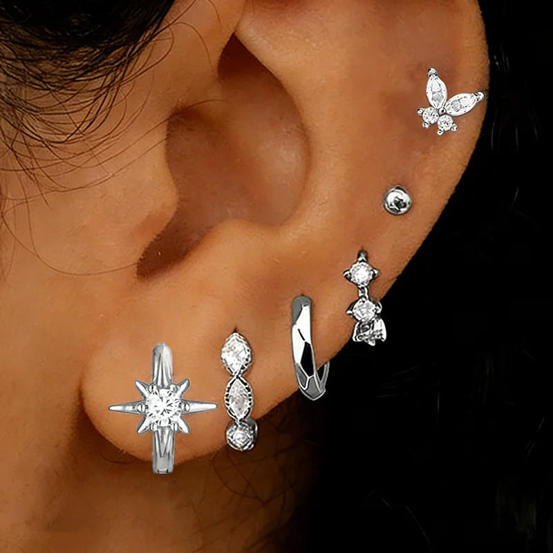 Crystal Huggie & Butterfly Earrings – 6 Pcs