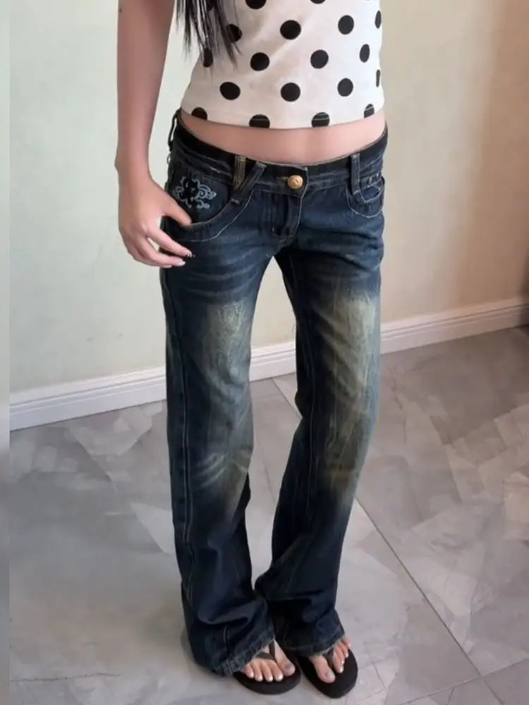 Butterfly Embroidered Low-Rise Flare Jeans