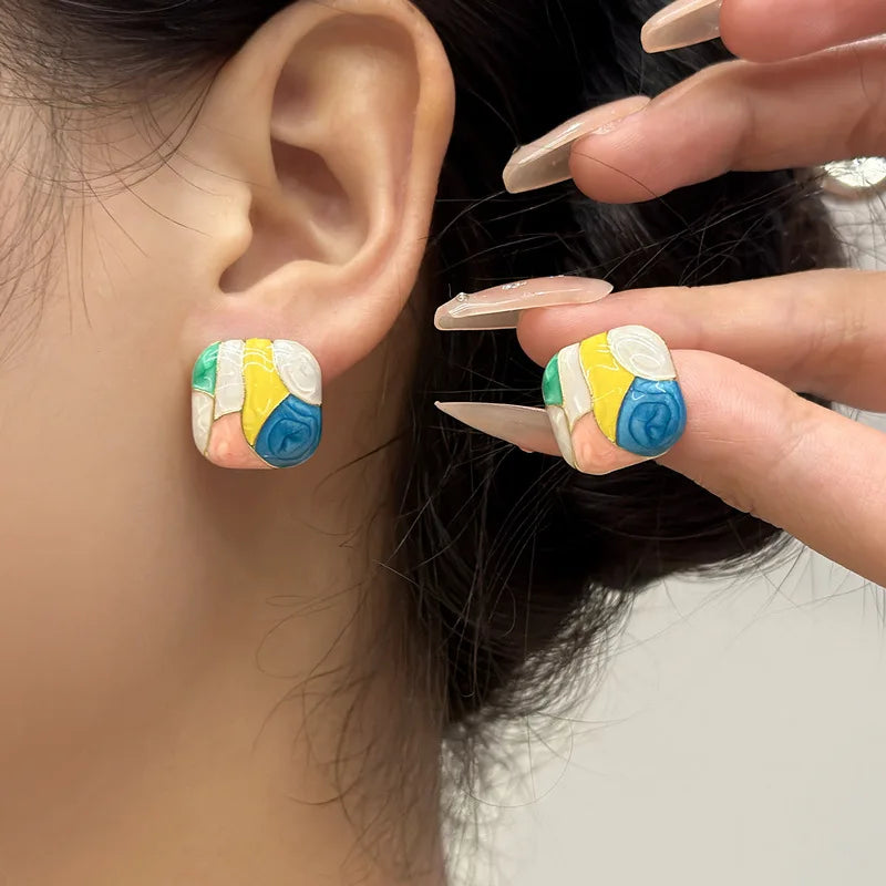 Colorful Enamel Grid Square Studs