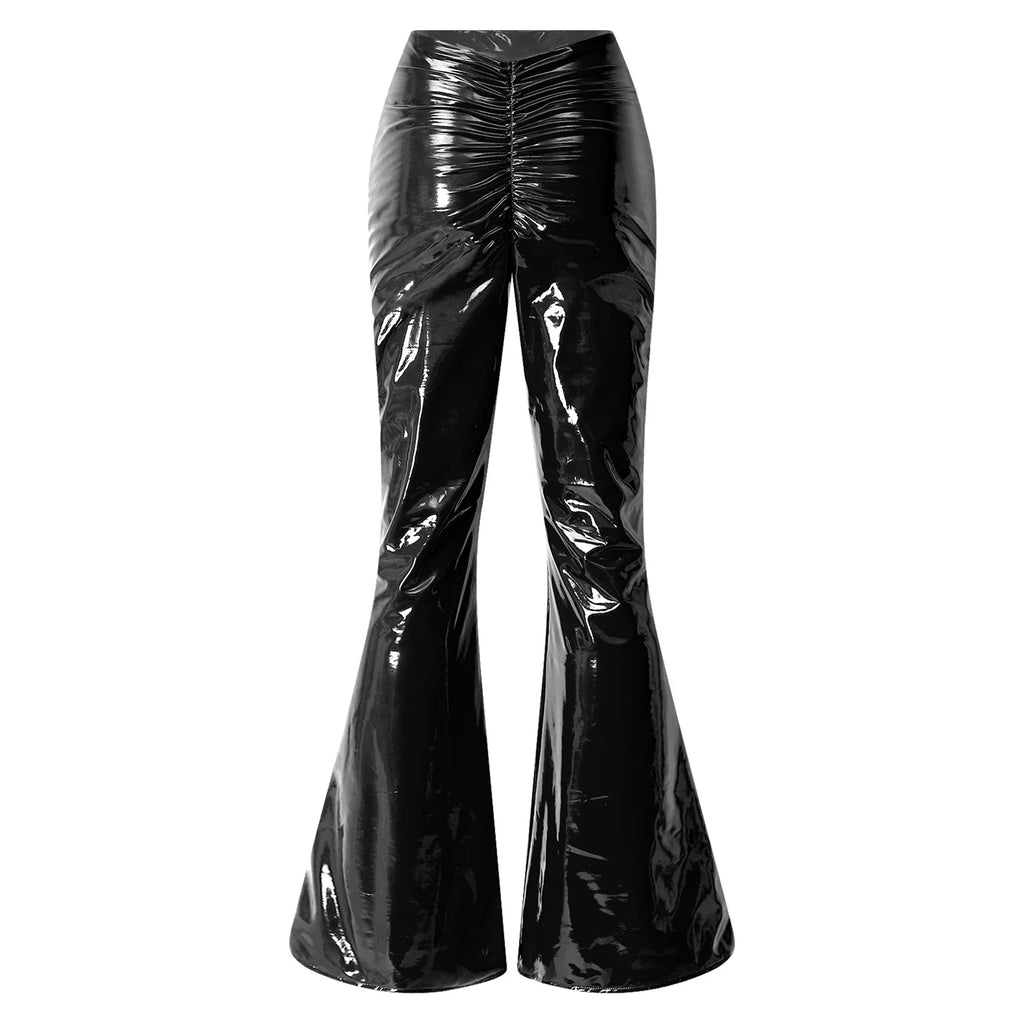 Glossy Faux Leather Flare Pants