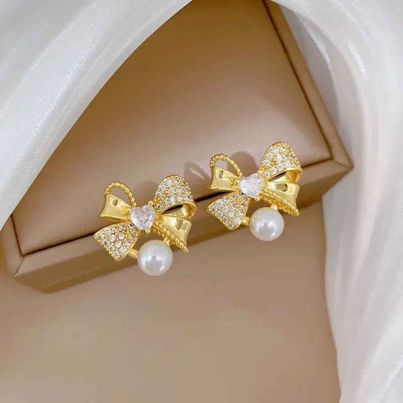 🤍 Pearl Bow Necklace Earring Set