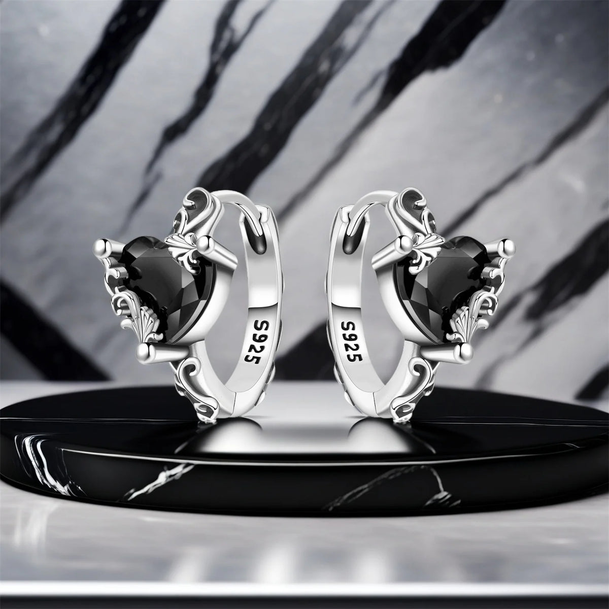 925 Silver Vine Heart Black Zircon Hoops