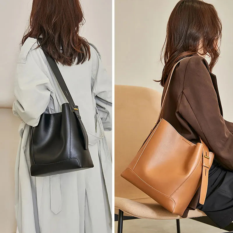Genuine Cowhide Bucket Crossbody Bag