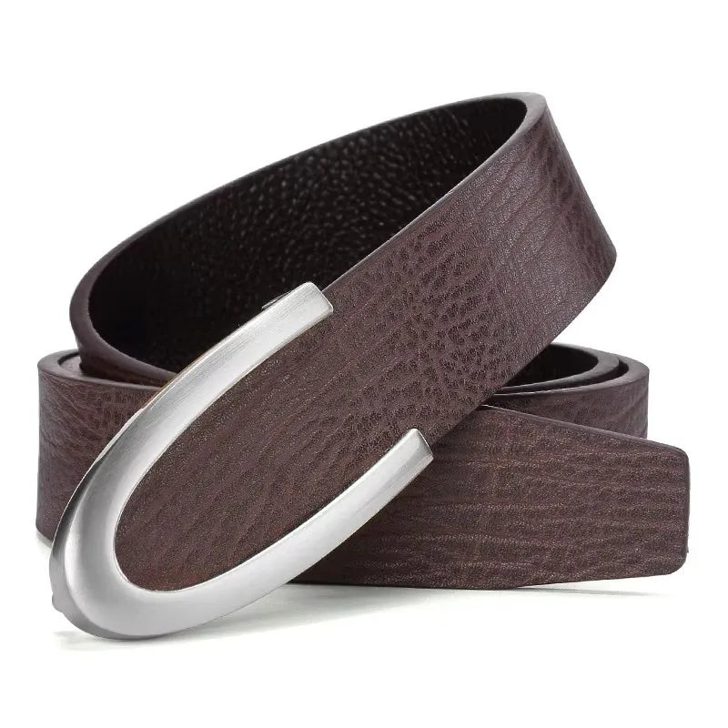 Men's Coffee Leather Belt with C Buckle