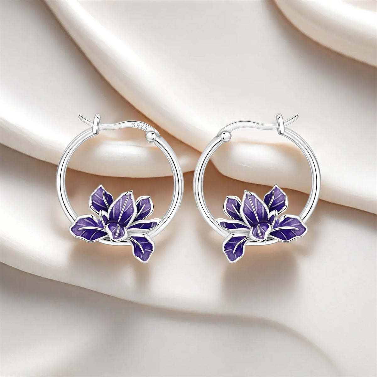 925 Silver Purple Iris Hoop Earrings