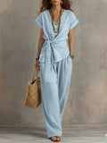 V-Neck Tie Shirt & Wide-Leg Pants Set
