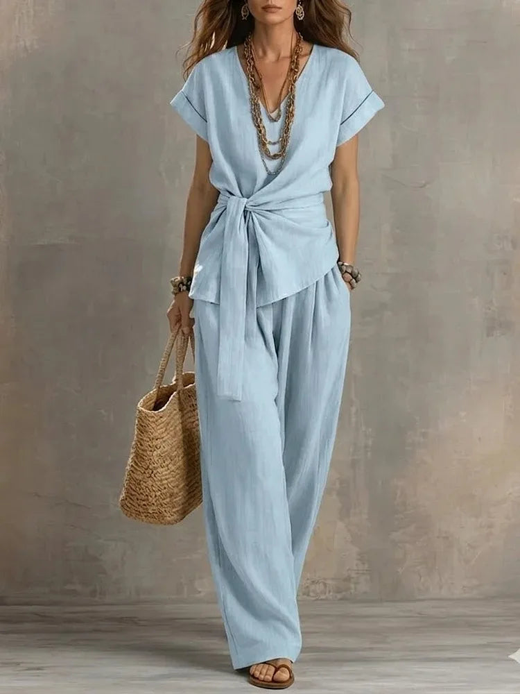 V-Neck Tie Shirt & Wide-Leg Pants Set